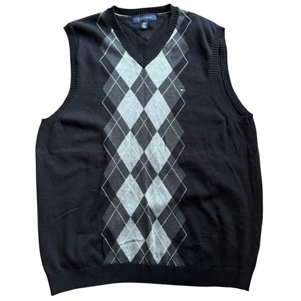 Tommy Hilfiger Argyle Sweater Vest Black Gray V-Neck Knit Preppy Golf Classic